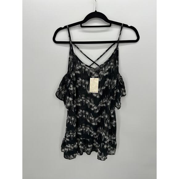 Miken Swim Other - Miken Swim Black Palm Tree Sheer Coverup Womens Large Strappy Back Resort